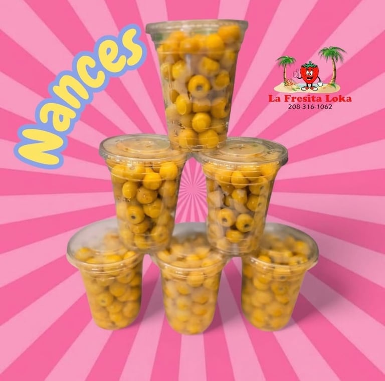 Stack of six clear cups filled with yellow mangoes against pink starburst background with La Fresita Loka logo