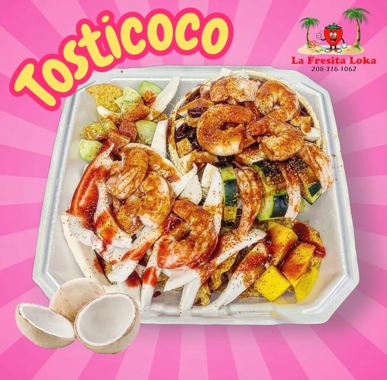 Tostcoco menu from La Fresita Loka featuring grilled shrimp skewers with vegetables on a white hexagonal plate with coconut shells