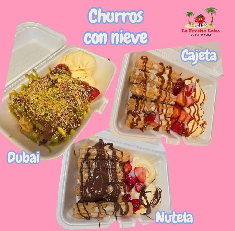 Three churro dishes with different toppings: Dubai with pistachio, Cajeta with dulce de leche, and Nutela with chocolate, served in white containers on pink background