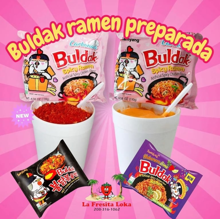 Two Buldak Spicy Ramen instant noodle packages with prepared bowls showing red and orange broths, displayed against a bright pink radial background