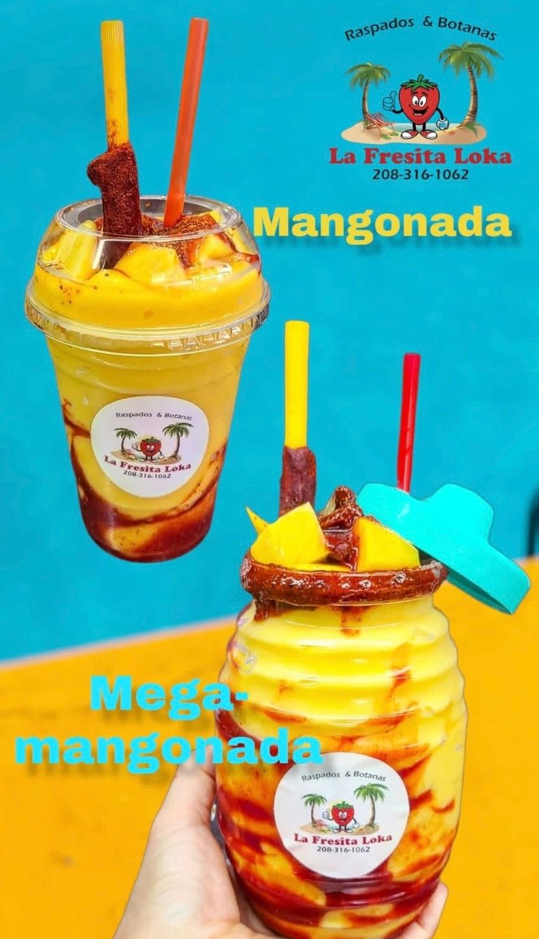Two mango drinks with fruit popsicles from La Fresita Loka restaurant displayed against a turquoise and yellow background
