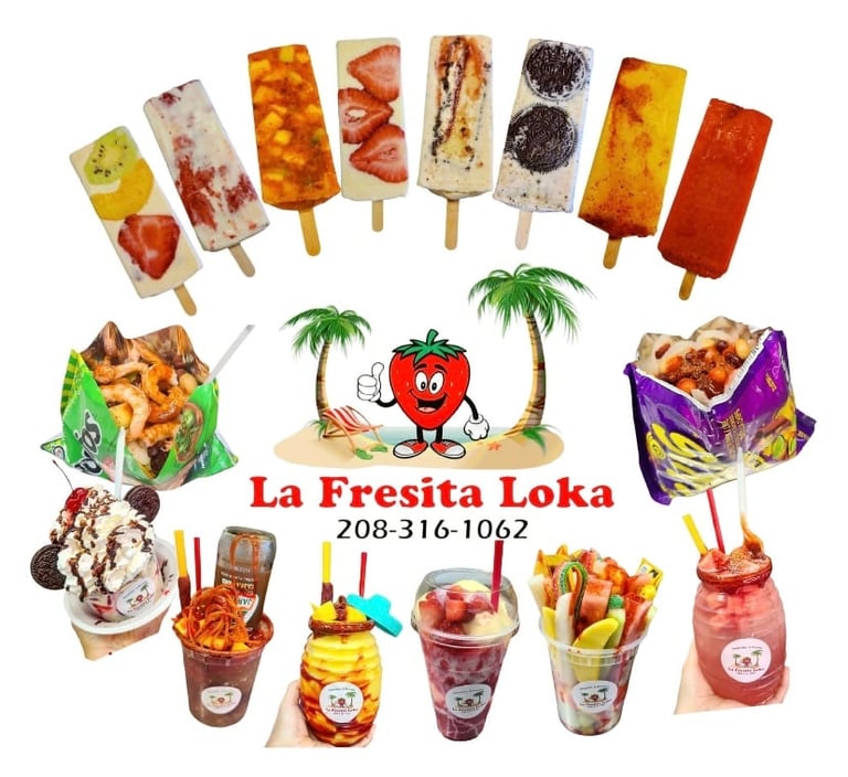 La Fresita Loka logo and menu showing colorful popsicles, ice cream, fresh fruit cups, and beverages arranged around a cartoon strawberry mascot