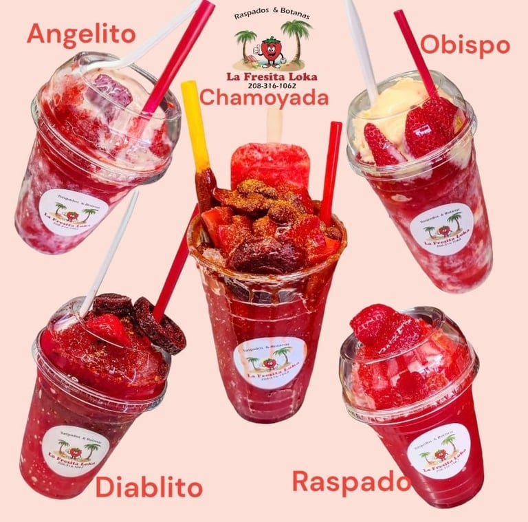 Five colorful strawberry drinks arranged in a circle from La Fresita Loka, labeled Angelito, Obispo, Chamoyada, Diablito, and Raspado with pink background