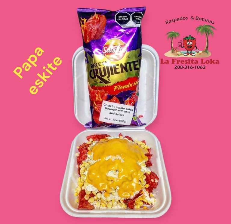 Papa Esqrite spicy potato snack package displayed above prepared dish with cheese and peppers on pink background