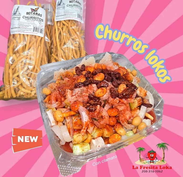 Churro loop product display with two bags of Rotaways Churrito pasta and a clear container of churro dough pieces on vibrant pink background
