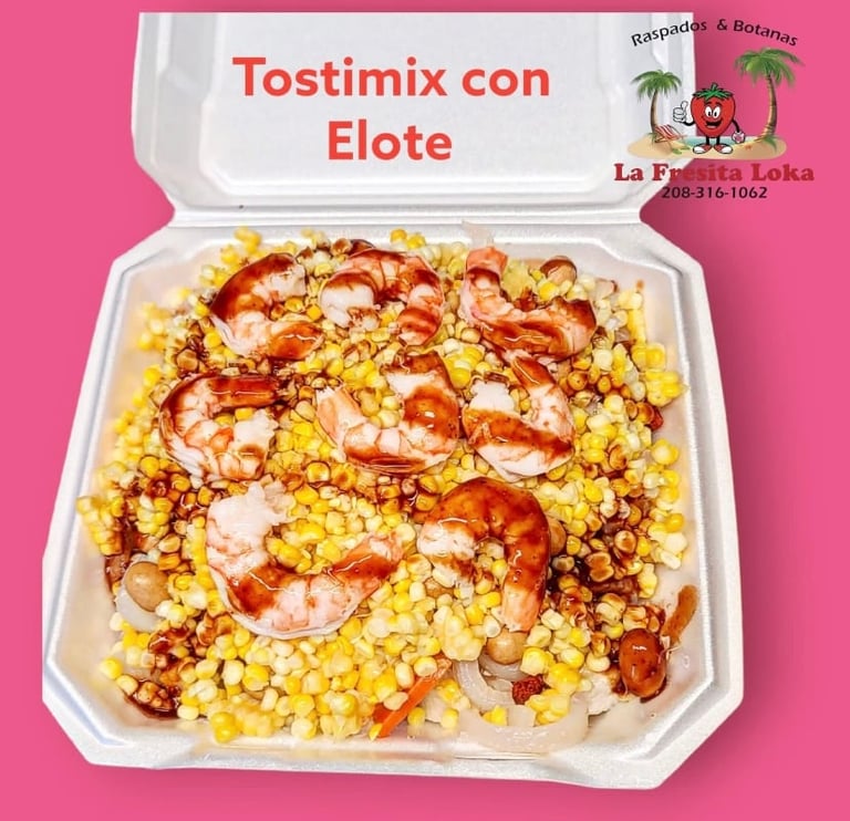 Tostimix con Elote - Mexican street corn snack with shrimp and corn in white container on pink background