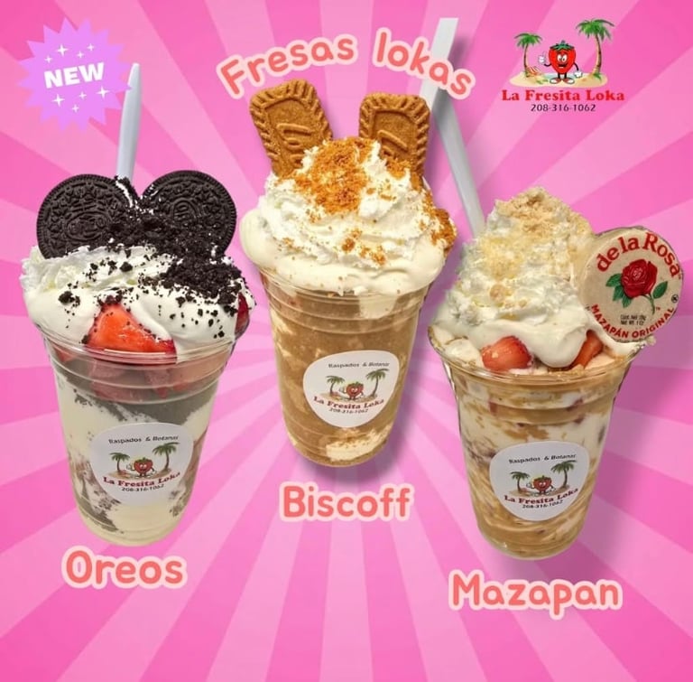 Three colorful frappuccino-style drinks labeled Oreos, Biscoff, and Mazapan with whipped cream and toppings on pink background