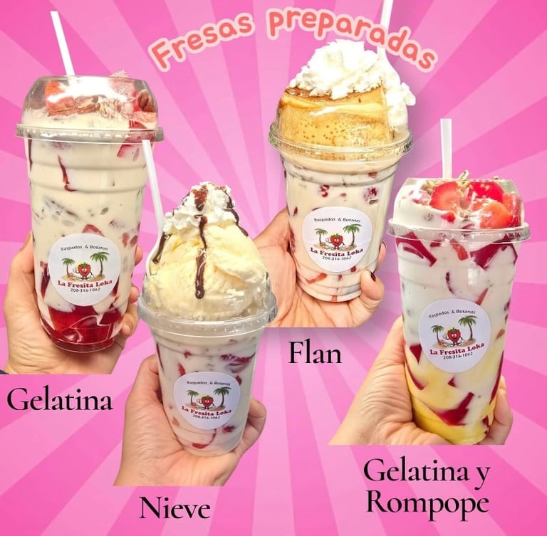 Four prepared desserts in cups labeled Gelatina, Nieve, Flan, and Gelatina y Rompope displayed against a pink striped background