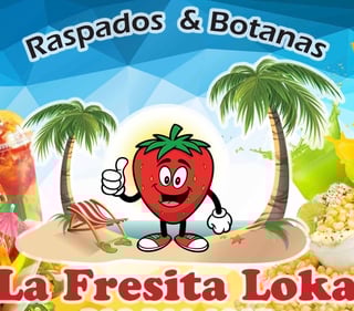 Cheerful cartoon strawberry mascot giving thumbs up on beach with palm trees, cocktail, and popcorn. Text reads Raspados & Botanas, La Fresita Loka