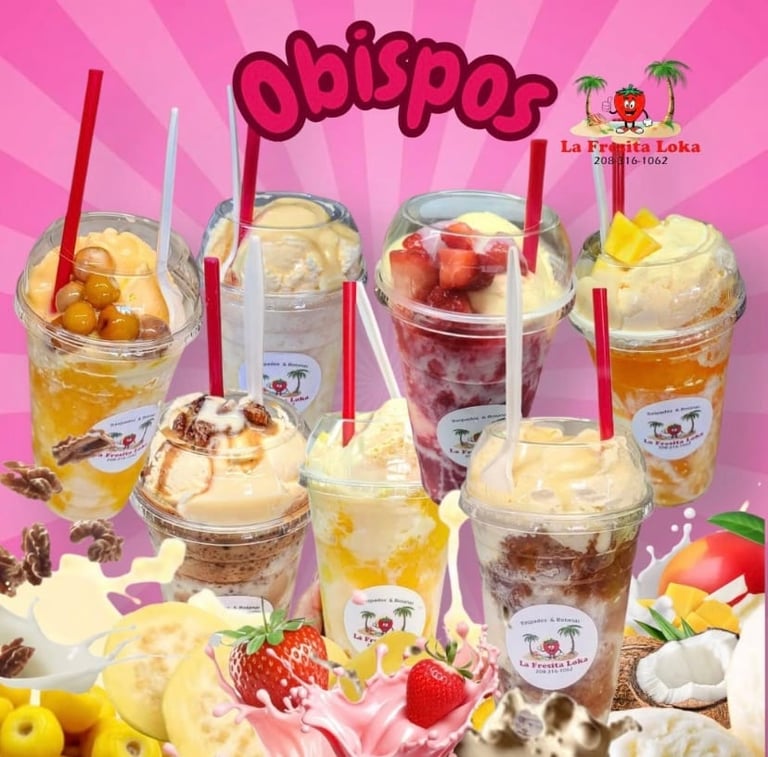 Obispo brand shaved ice and frozen desserts displayed in cups with toppings and colorful drinks on pink background