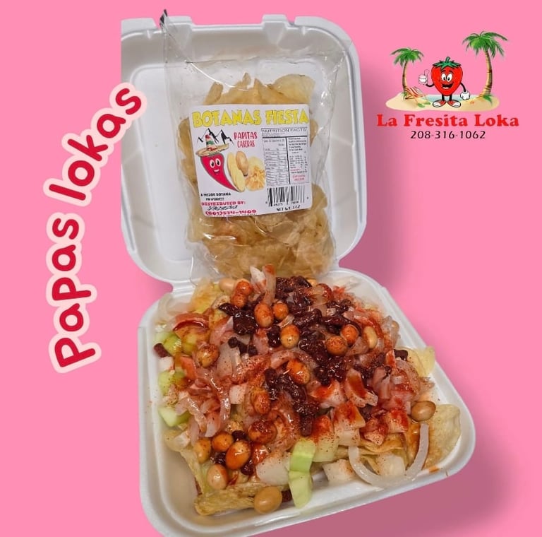 Pork rinds snack and loaded nachos with toppings from La Fresita Loka restaurant on pink background