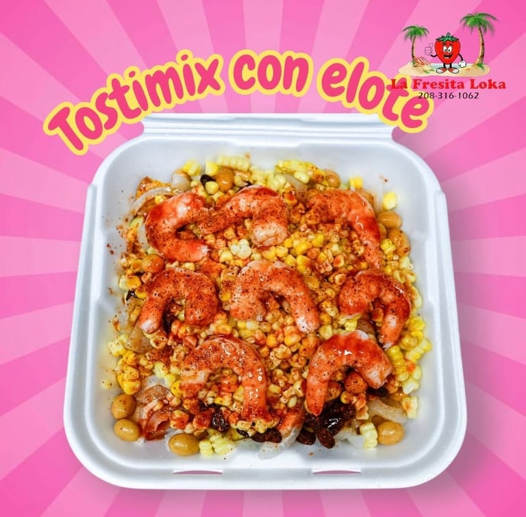 Tostimix con elote: white container with tortilla chips, corn, and red spicy seasoning on pink radiating background