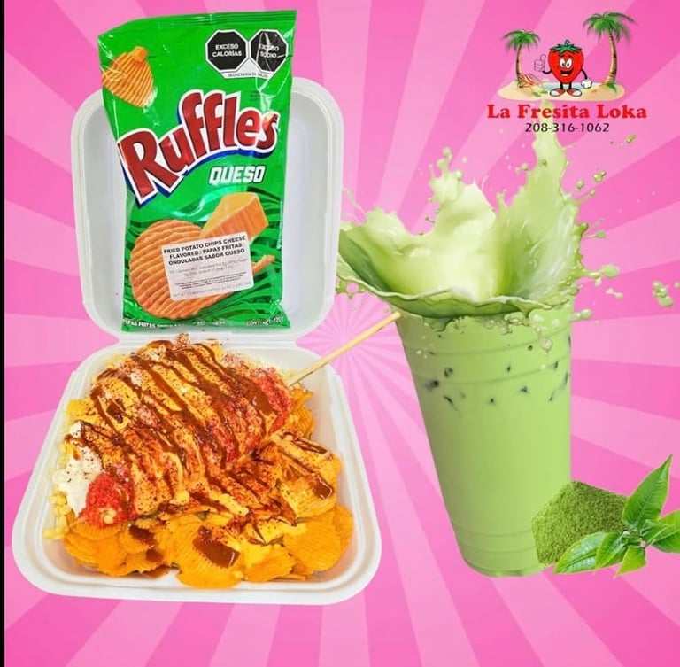 Ruffles cheese-flavored dish with red sauce drizzle next to green smoothie drink with lettuce splash on pink background