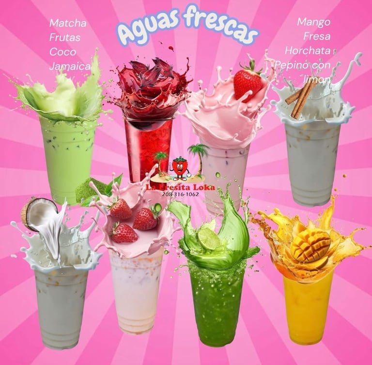 Colorful beverage menu poster featuring eight refreshing drinks with splashing liquids and fruit garnishes on a pink background