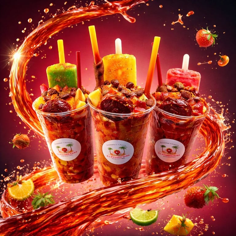 Three colorful tropical popsicles and drinks with fruit garnish, surrounded by dynamic golden liquid splashes on a red background
