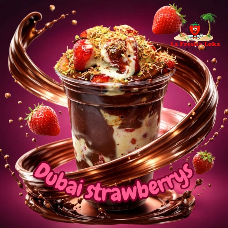 Dubai strawberry dessert in glass with chocolate, whipped cream, granola, fresh strawberries, and swirling chocolate ribbons on pink background