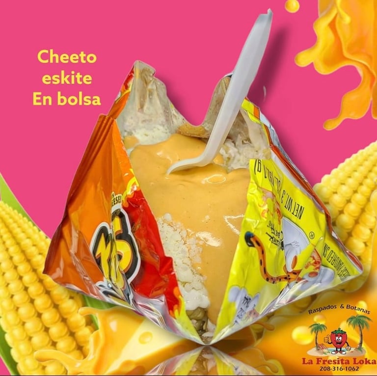 Open bag of Cheeto Eskite corn snacks on bright pink background with corn imagery and product branding visible
